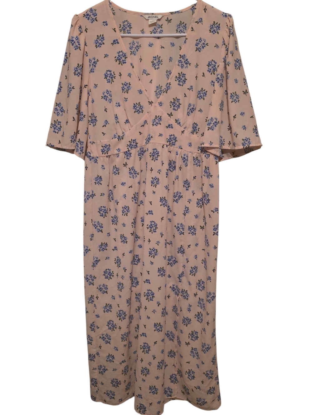 Monki Pink Blue Floral Print Side Slit V-Neck Romantic Midi Dress Size 44 EUC